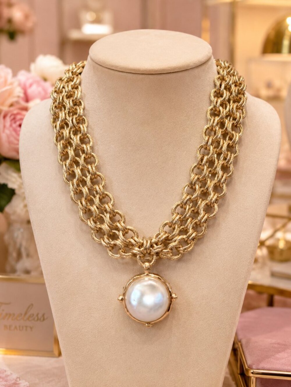 Gold Multi Strand Chain Necklace with Pearl Pendant, Statement Chunky Link Neckl